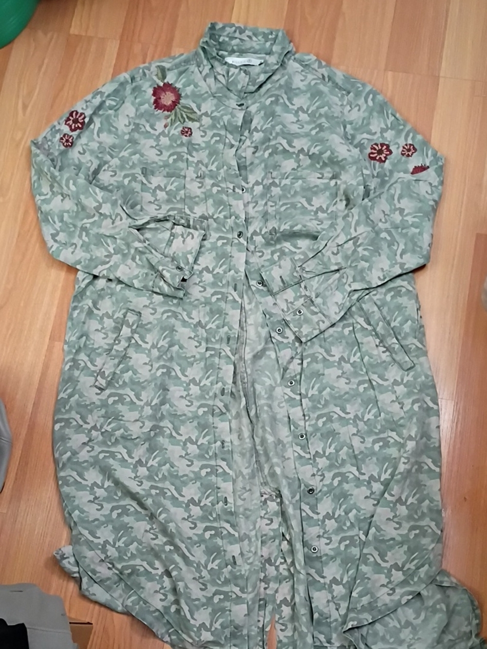 Light Olive Green Camouflage Utility Shirtdress with Embroidered Details